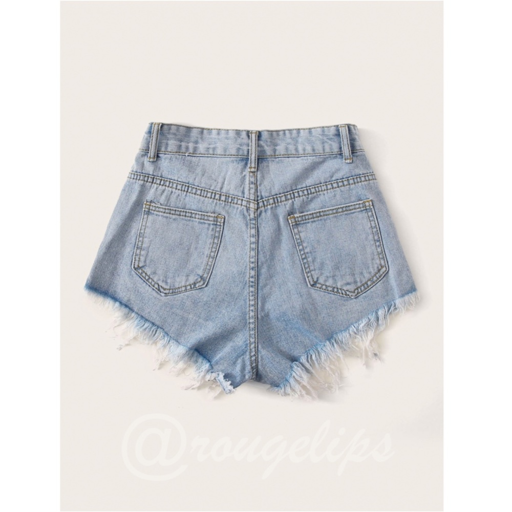 Light Wash Blue Denim Shorts Distressed Ripped High Waist Raw Hem - Picture 8 of 15